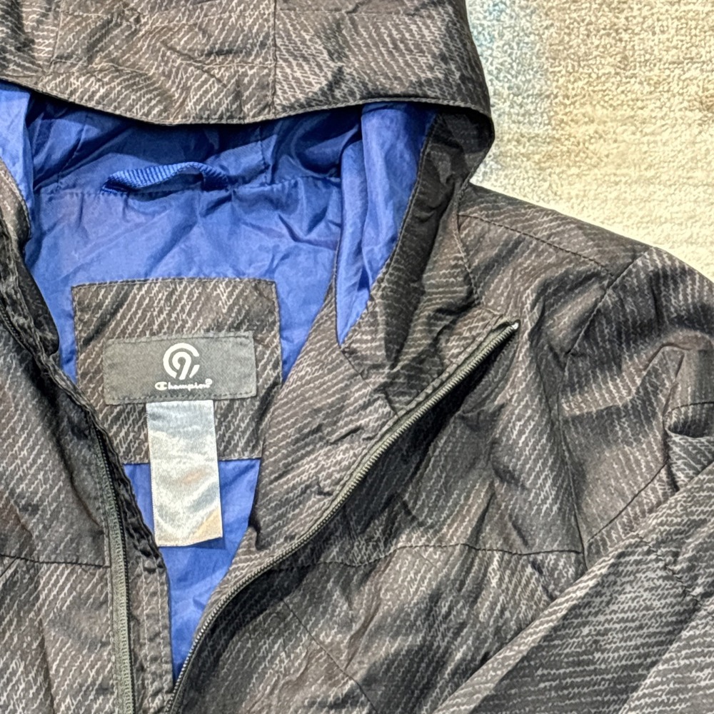 Champion Youth Boys Hooded Windbreaker Jacket Black Blue Size L 12-14